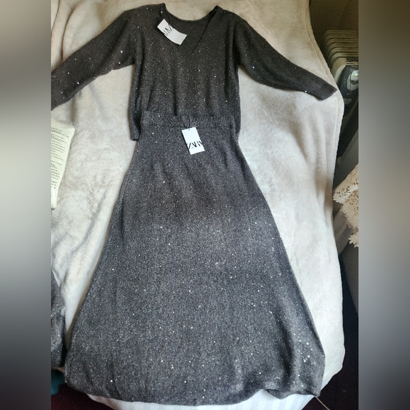 Zara set co-ord sequin knit sweater & midi skirt A-line taupe/brown sz M BNWT - Picture 8 of 13